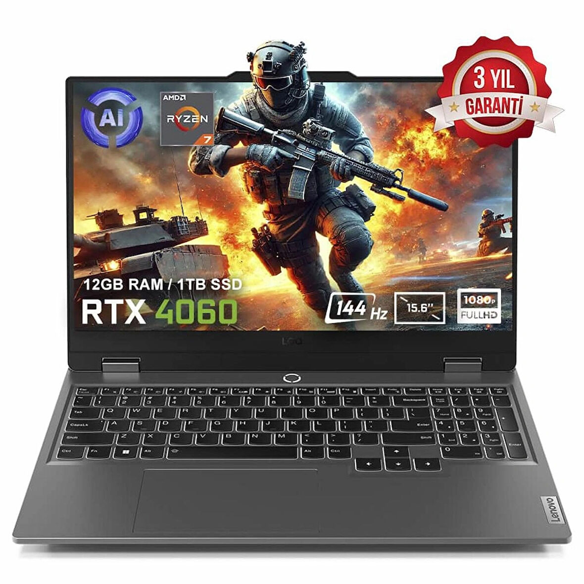 Lenovo LOQ 15ARP9 83JC00FKTR AMD Ryzen 7-7435HS 12GB DDR5 1TB SSD RTX4060 8GB 15.6 inç 144Hz Full HD FreeDos Gaming Laptop (Yapay Zeka Destekli)