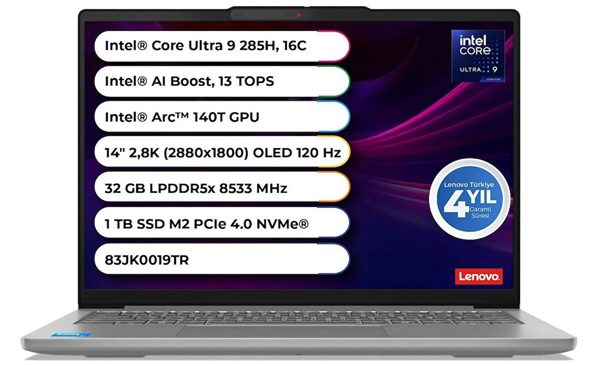 Lenovo IDEAPAD Pro 5 14IAH10 Ultra 9 285H 32GB LPDDR5X-8533 MHz 1 Tb Freedos 14" OLED 2.8K 83JK0019TR