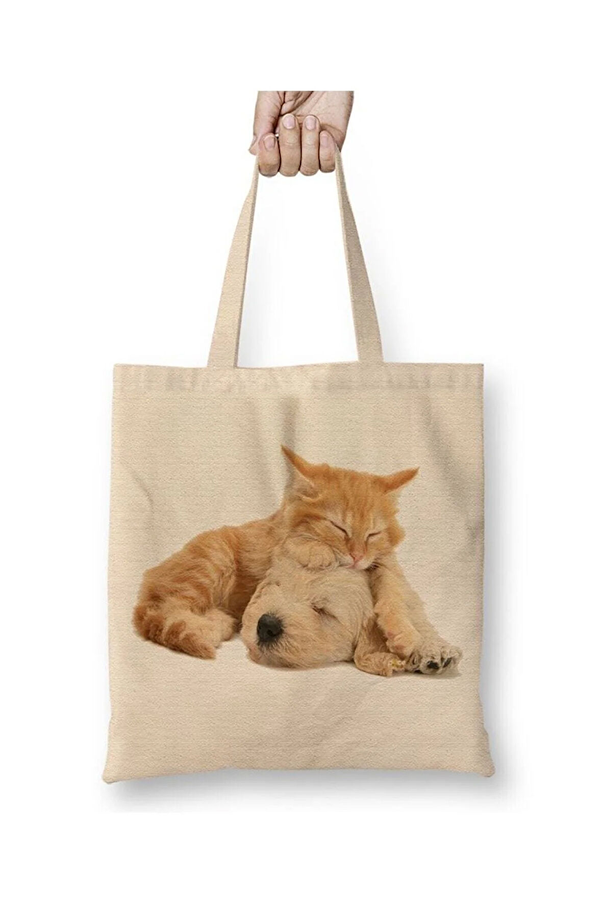 Cats and Dogs Friends Pet Kedi Köpek Beyaz Bez Çanta Uzun Saplı Alışveriş Çantası Plaj Çantası
