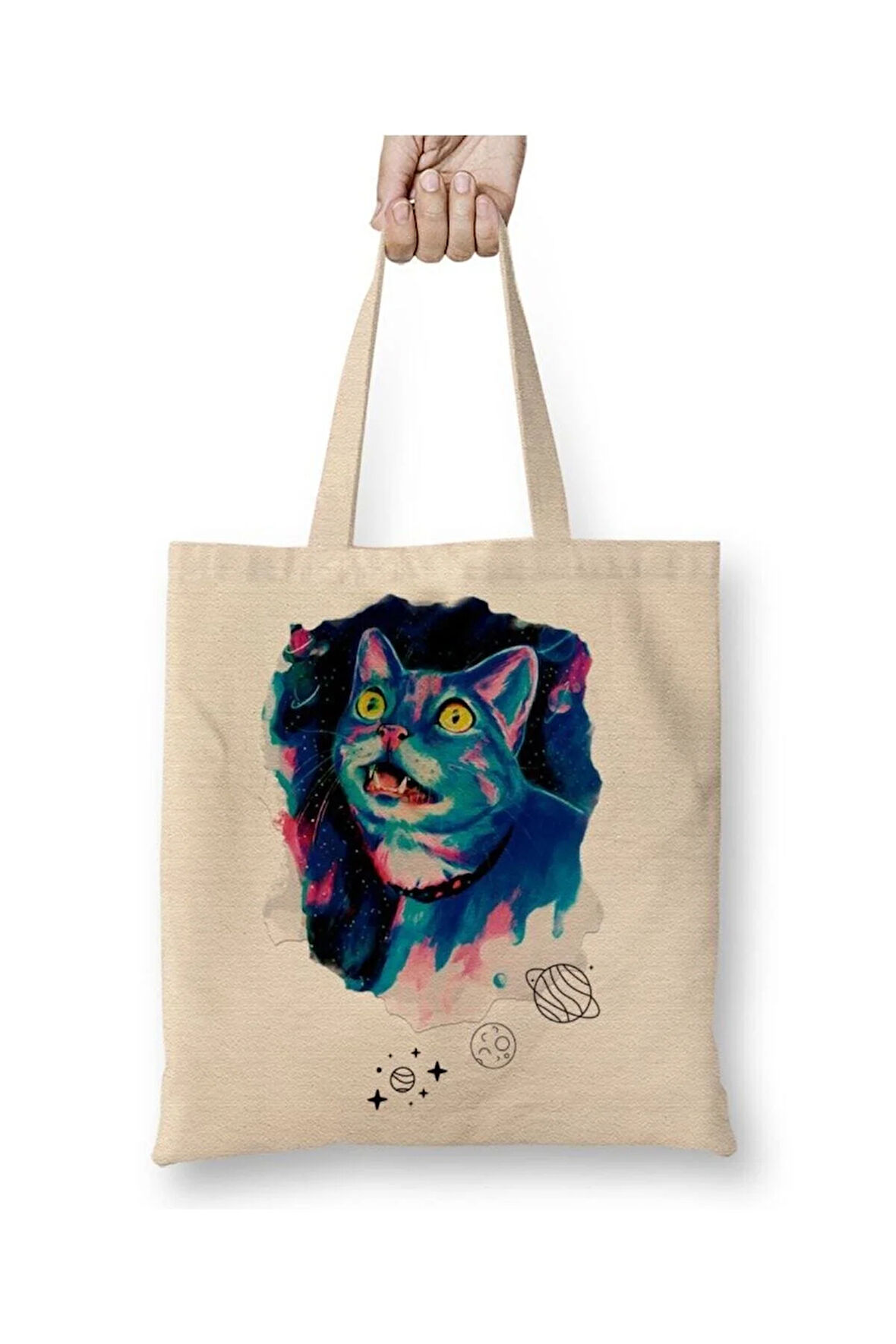 Space Cat Kedi Gezegenler Beyaz Bez Çanta Uzun Saplı Alışveriş Çantası Plaj Çantası