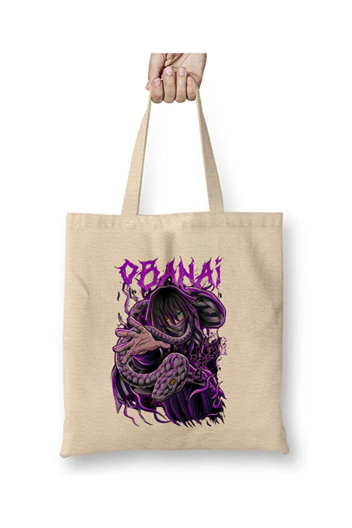 Obanai Iguro Demon Slayer İblis Keser Beyaz Bez Çanta Uzun Saplı Alışveriş Çantası