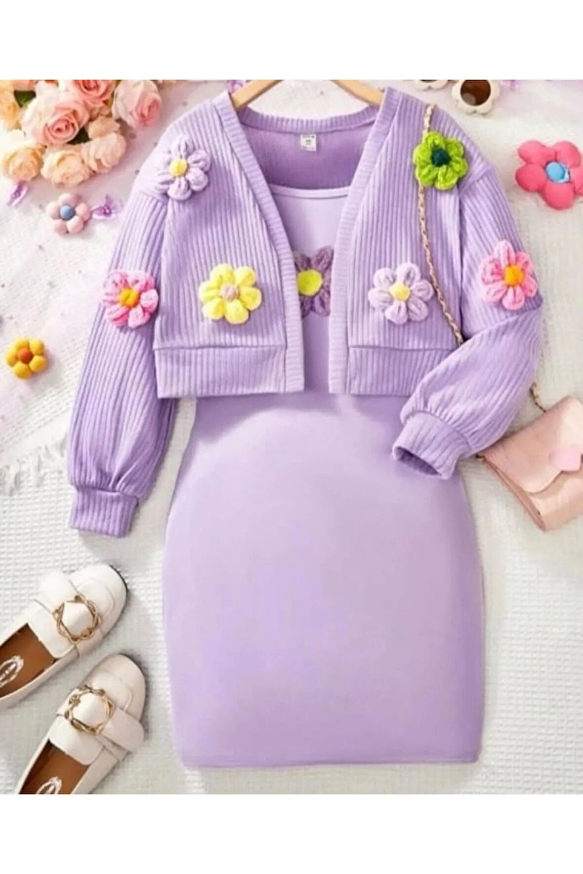 Papatya İşlemeli Elbise ve Hırkalı Takım Kıyafet Lotus