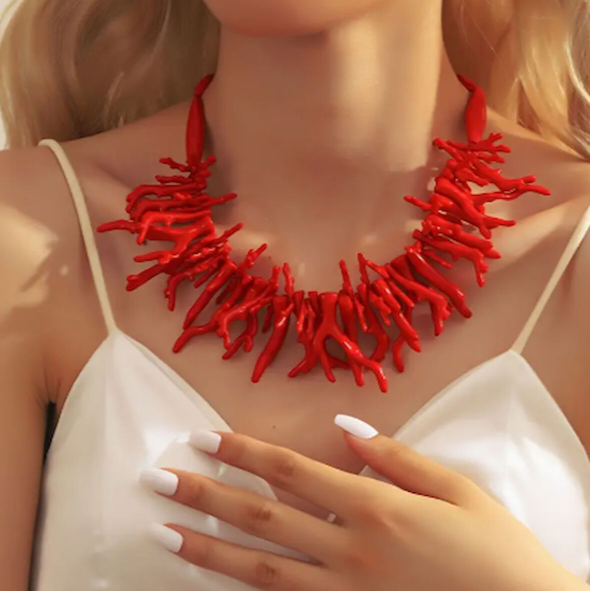 Bohem Tarz Kırmızı Mercan Model Şık Kadın Kolye