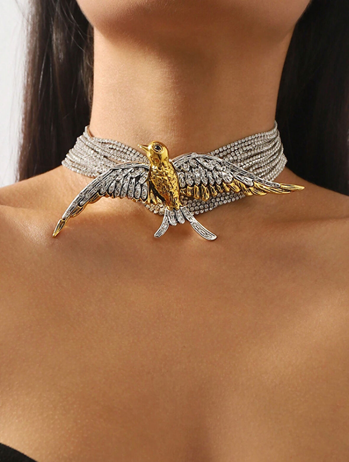 Gümüş Özel Tasarım Su Yolu Kuş Detaylı Choker Kolye