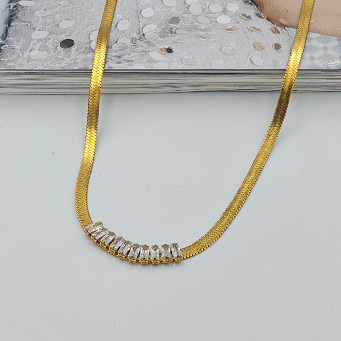 Gold Zirkon Taşlı İtalyan Model Zincir Kolye