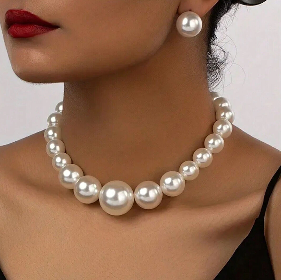 Beyaz Büyük İnci Choker Kolye Küpe Set