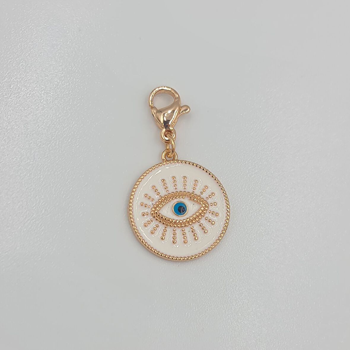 Rose Renk Göz Charm Kolye Ucu – Beyaz Mineli Nazar Boncuklu, Xuping, Çok Amaçlı Kullanım (3 cm)