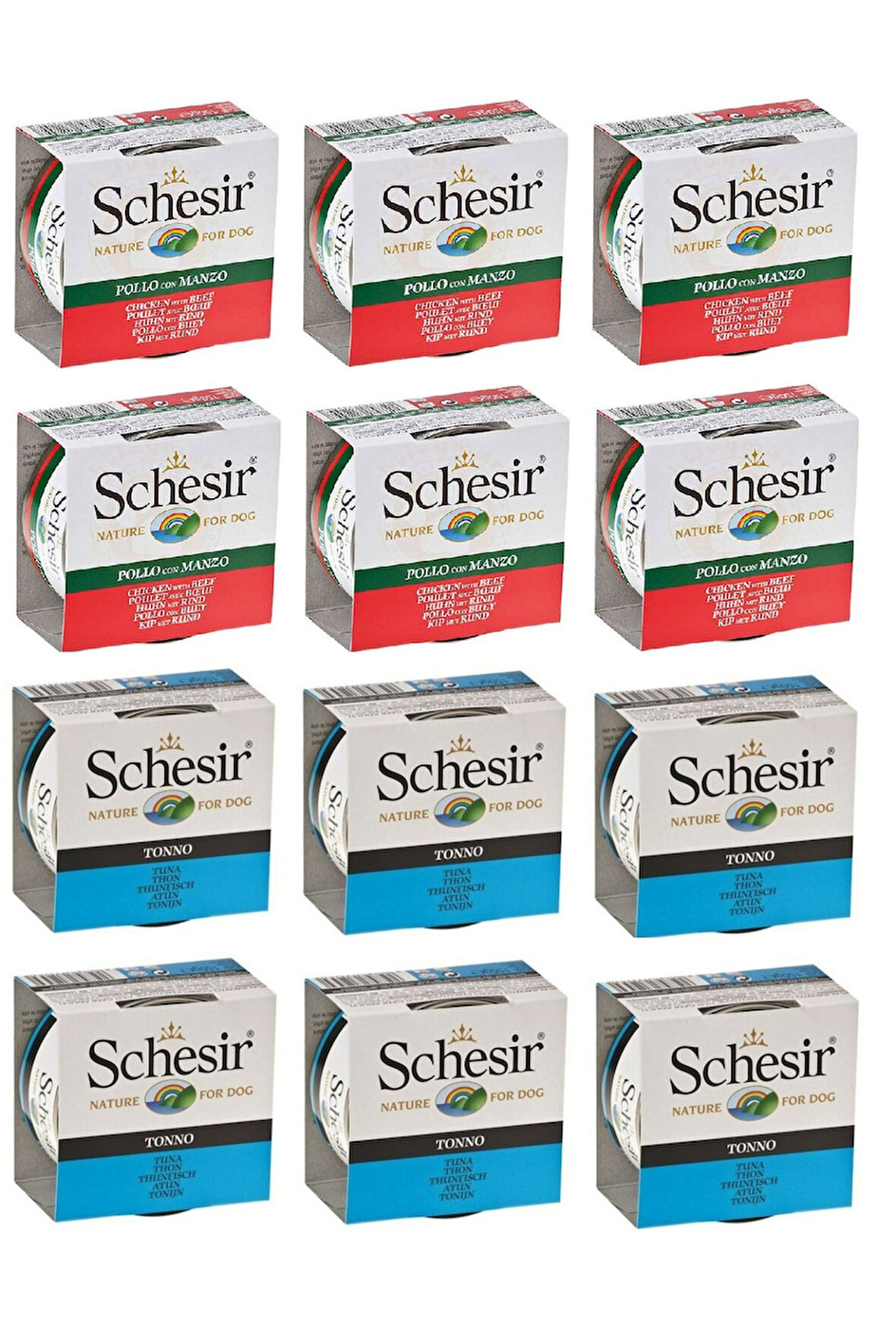 Schesir 2 Çeşit Sığır ve Ton Balıklı Karma Köpek Konservesi 150 Gr. X 12 Adet