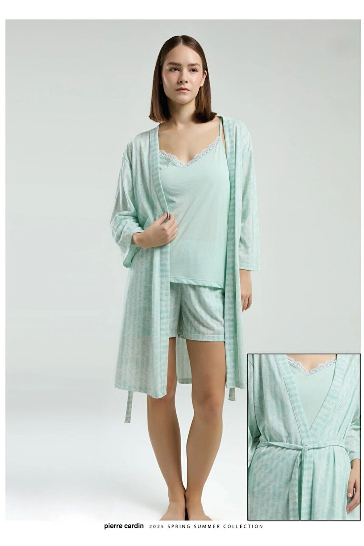 Kadın Giyim Askılı & Şort & Sabahlık 3 Parça Kutulu Lacivert & Ekru Pijama Takımı L1.PC.004.102.K12