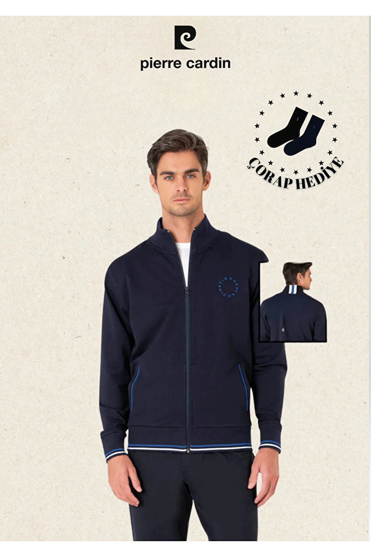 Erkek Regular Fit Fermuarlı Çizgi Detay Pamuklu & Likralı Eşofman Takımı (Hediye Çorap)