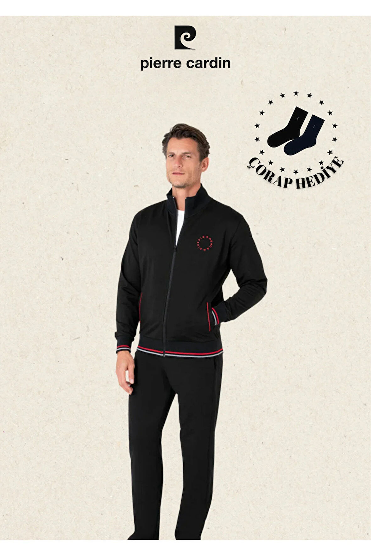 Erkek Regular Fit Fermuarlı Çizgi Detay Pamuklu & Likralı Eşofman Takımı (Hediye Çorap)