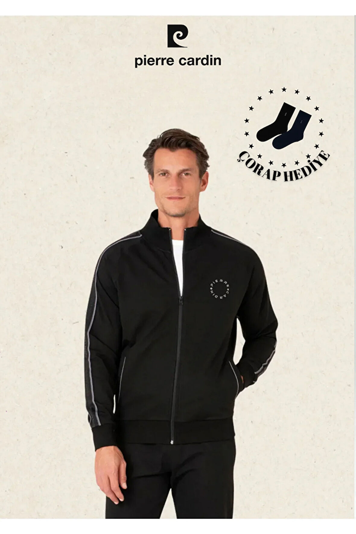 Erkek Giyim Regular Fit Fermuarlı Koldan Çizgi Detaylı Pamuklu Eşofman Takımı (Hediye Çorap)