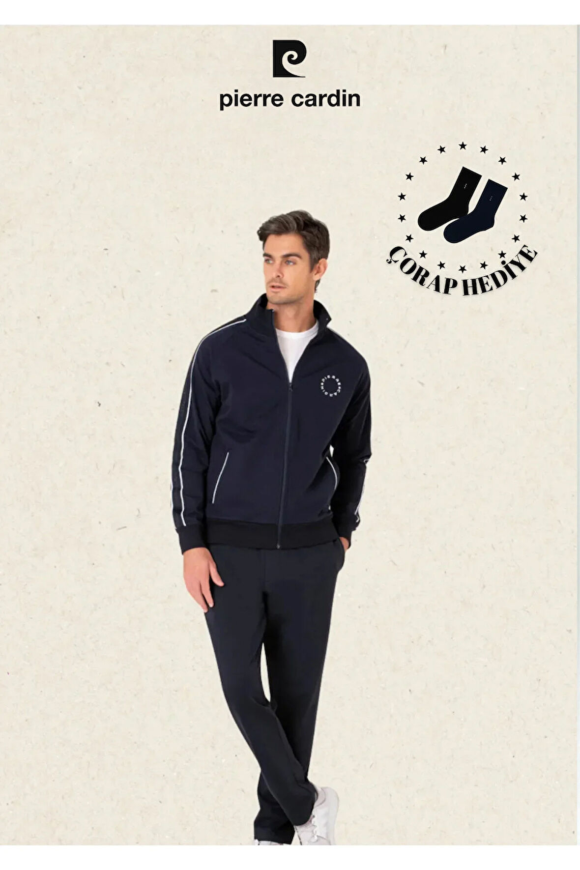 Erkek Giyim Regular Fit Fermuarlı Koldan Çizgi Detaylı Pamuklu Eşofman Takımı (Hediye Çorap)