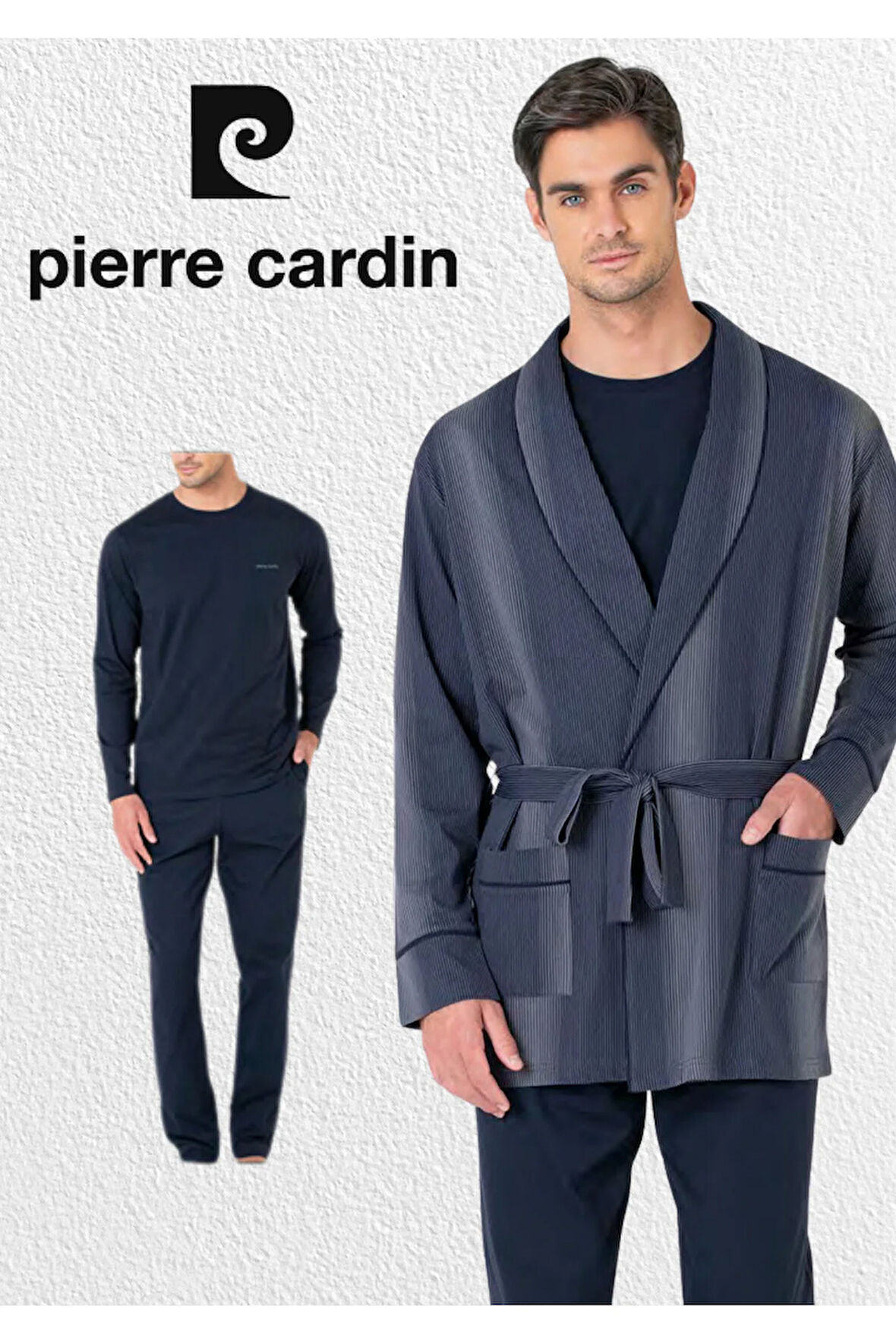 Erkek Giyim Kutulu 3 Parça %100 Pamuklu Robdöşambır & Uzun Kollu Pijama Takımı Set (Çorap Hediyeli)