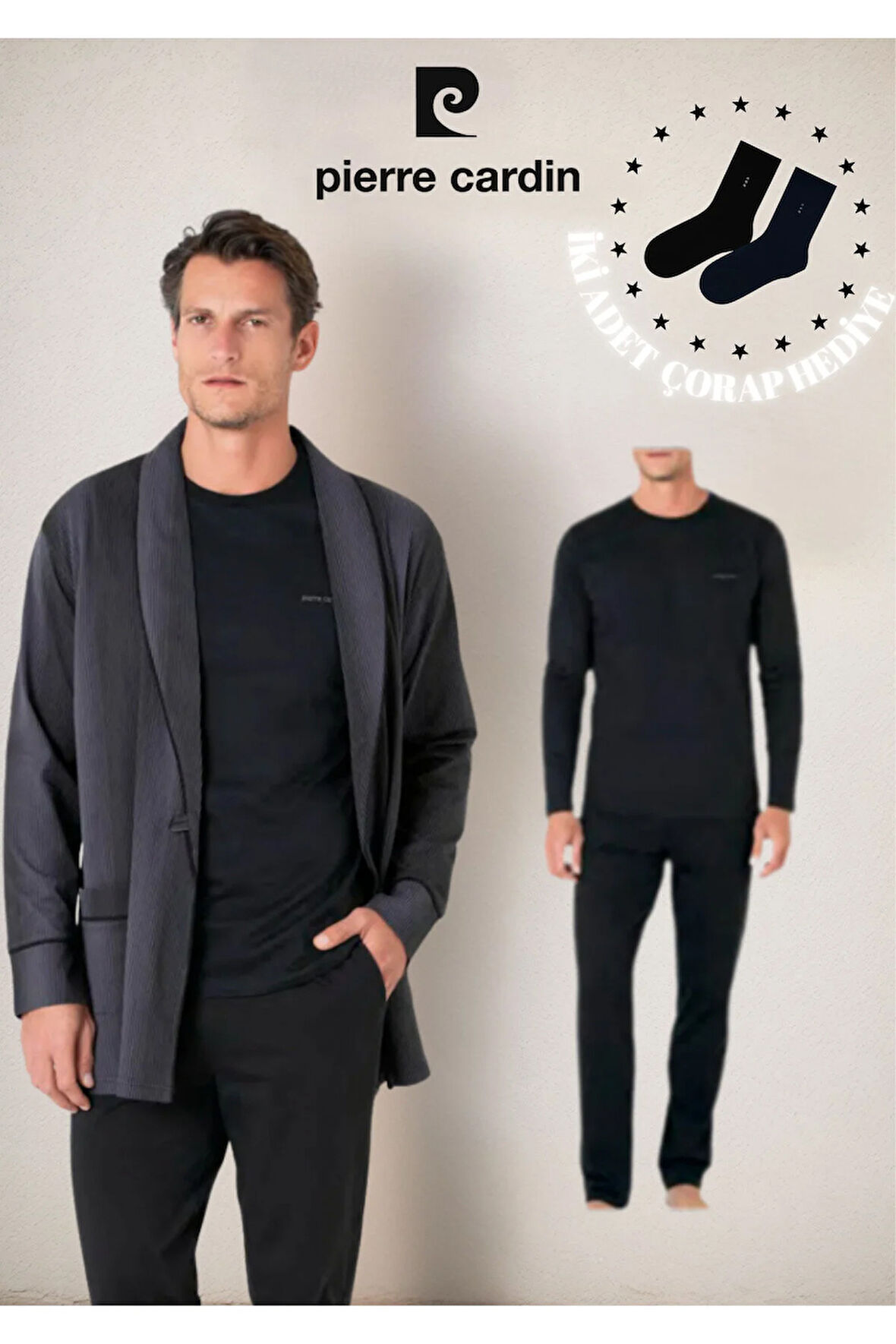 Erkek Giyim Kutulu 3 Parça %100 Pamuklu Robdöşambır & Uzun Kollu Pijama Takımı Set (Çorap Hediyeli)