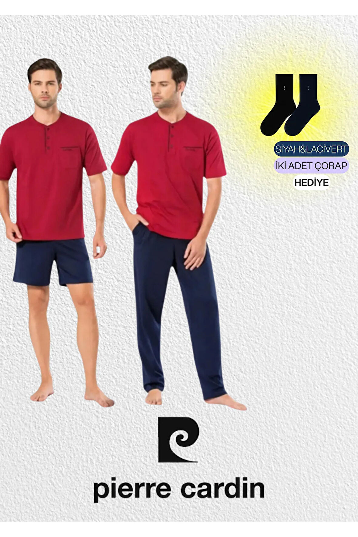 Erkek Giyim Bordo Penye 3'lü Kısa Kol Pijama Takımı (2 Adet Çorap Hediyeli) L1.PC.5370.001