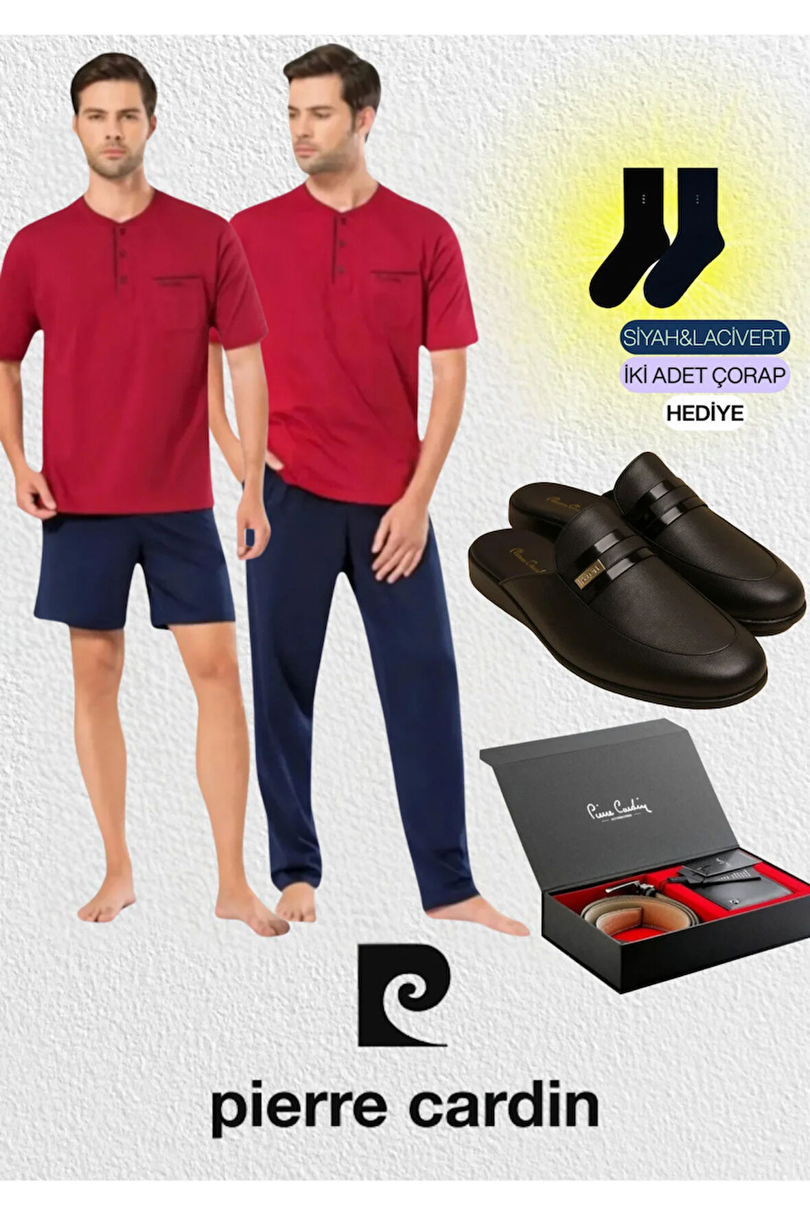 Lacivert Penye 3'lü Kısa Kol Pijama Takımı & Deri Terlik & Kemer Cüzdan Set L1.PC.5370.ST02