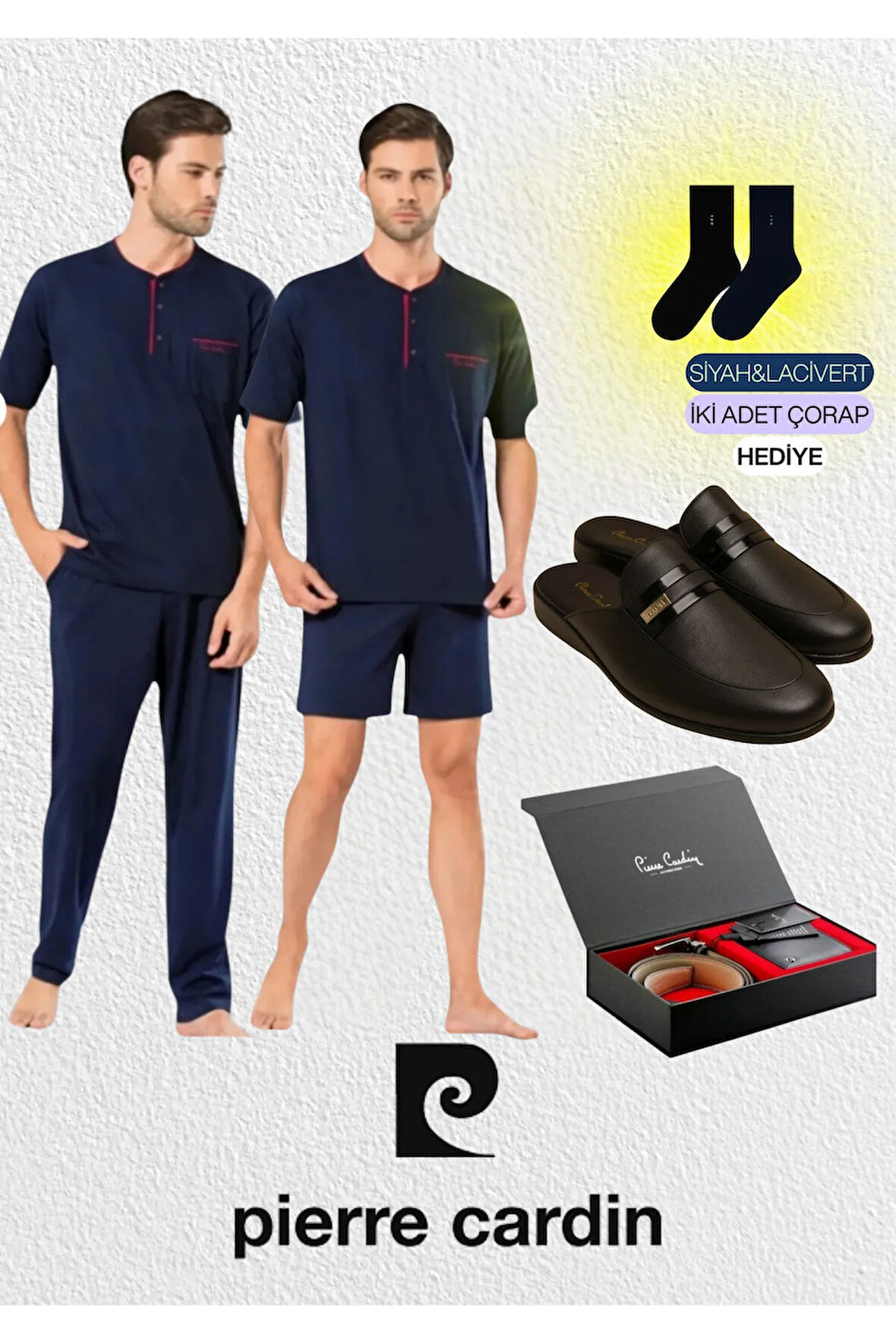 Lacivert Penye 3'lü Kısa Kol Pijama Takımı & Deri Terlik & Kemer Cüzdan Set L1.PC.5370.ST02