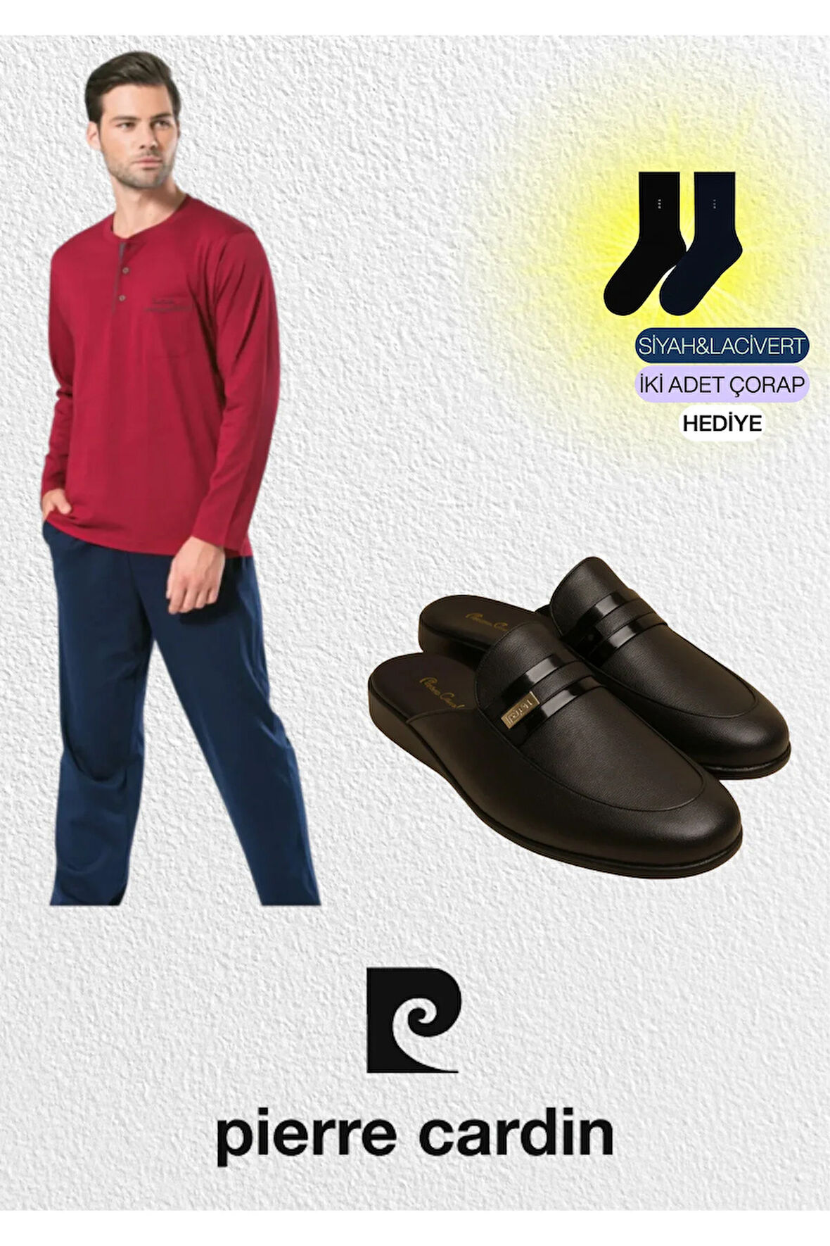 Erkek Penye Lacivert 2'li Pijama Takımı & Deri Terlik Set (2 Adet Çorap Hediyeli) L1.PC.5454.291