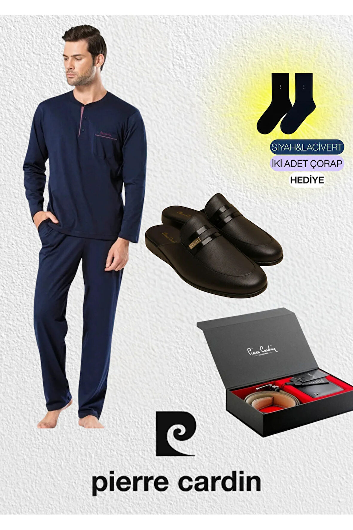 Erkek Penye Bordo 2'li Pijama Takımı & Deri Terlik & Hakiki Deri Kemer Cüzdan Seti L1.PC.5454.ST02