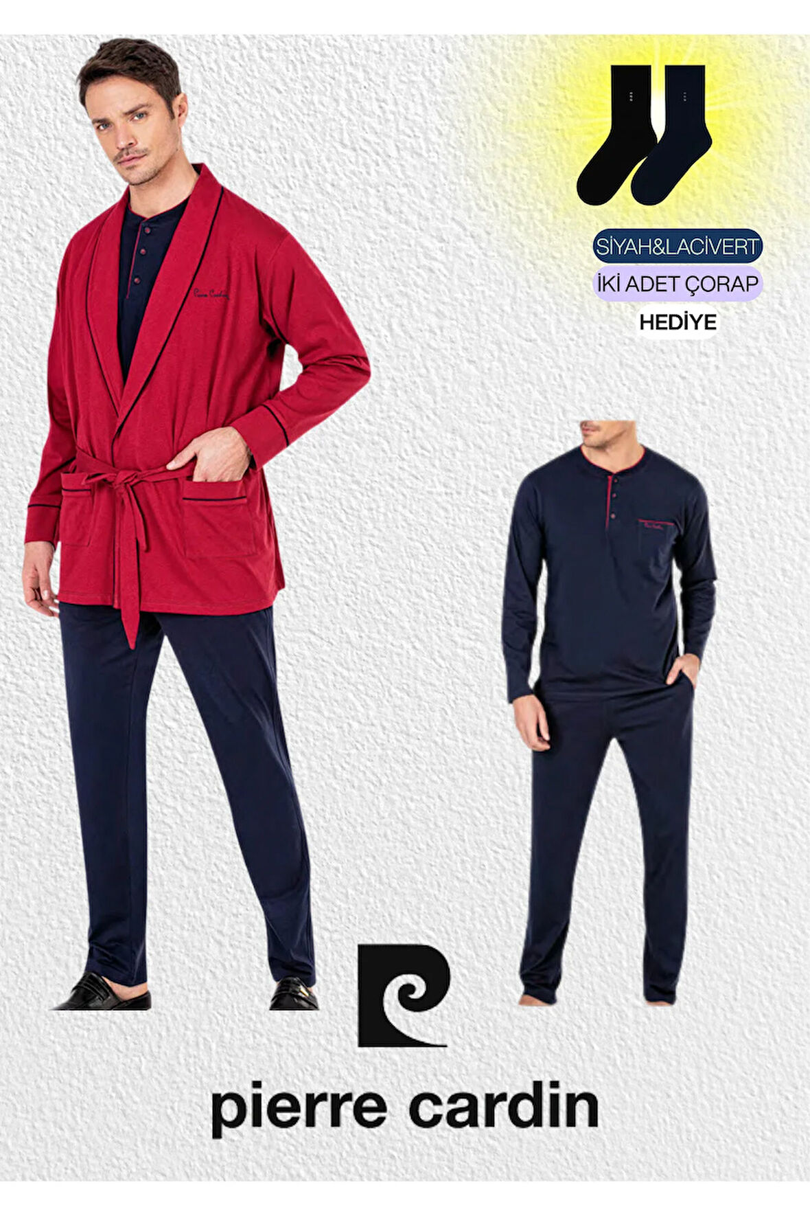 Erkek Bordo Penye 3'lü Robdöşambır & Uzun Kollu Pijama Takımı (2 Adet Çorap Hediyeli)