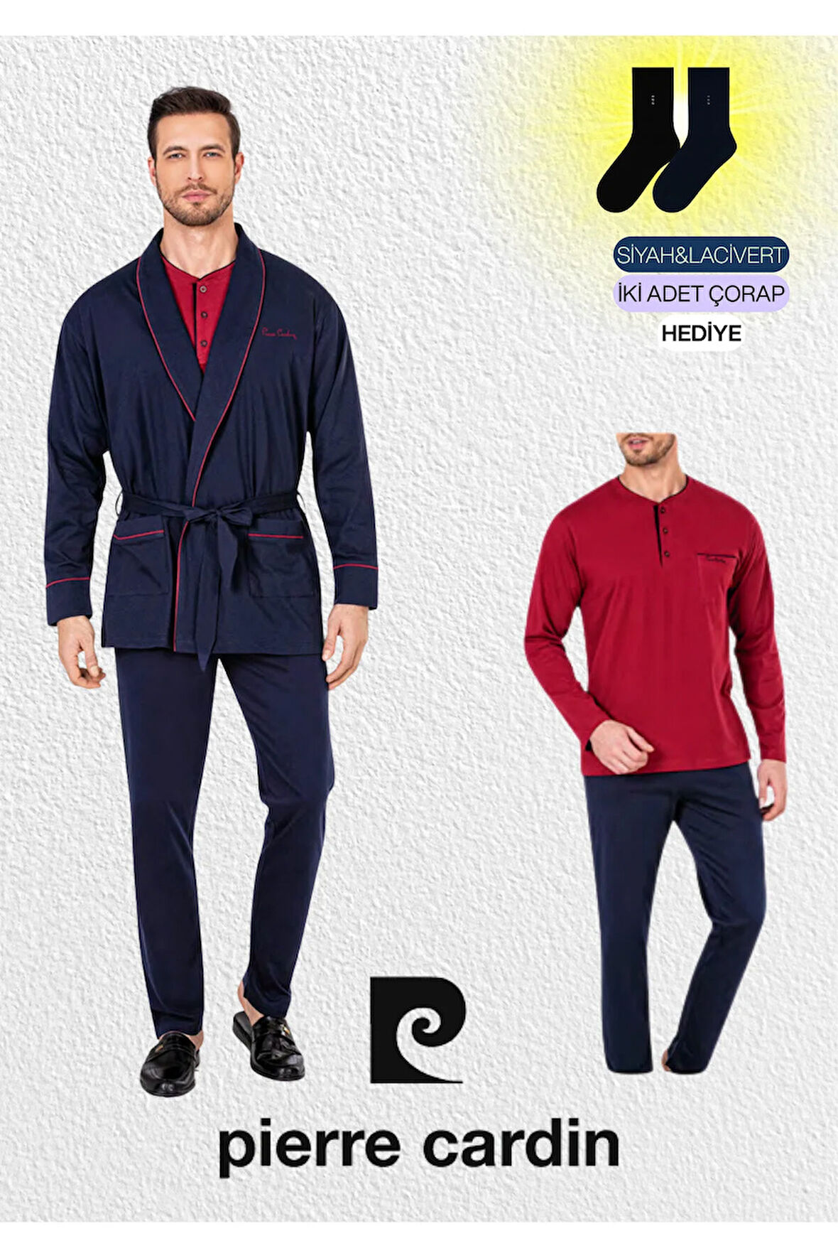 Erkek Bordo Penye 3'lü Robdöşambır & Uzun Kollu Pijama Takımı (2 Adet Çorap Hediyeli)