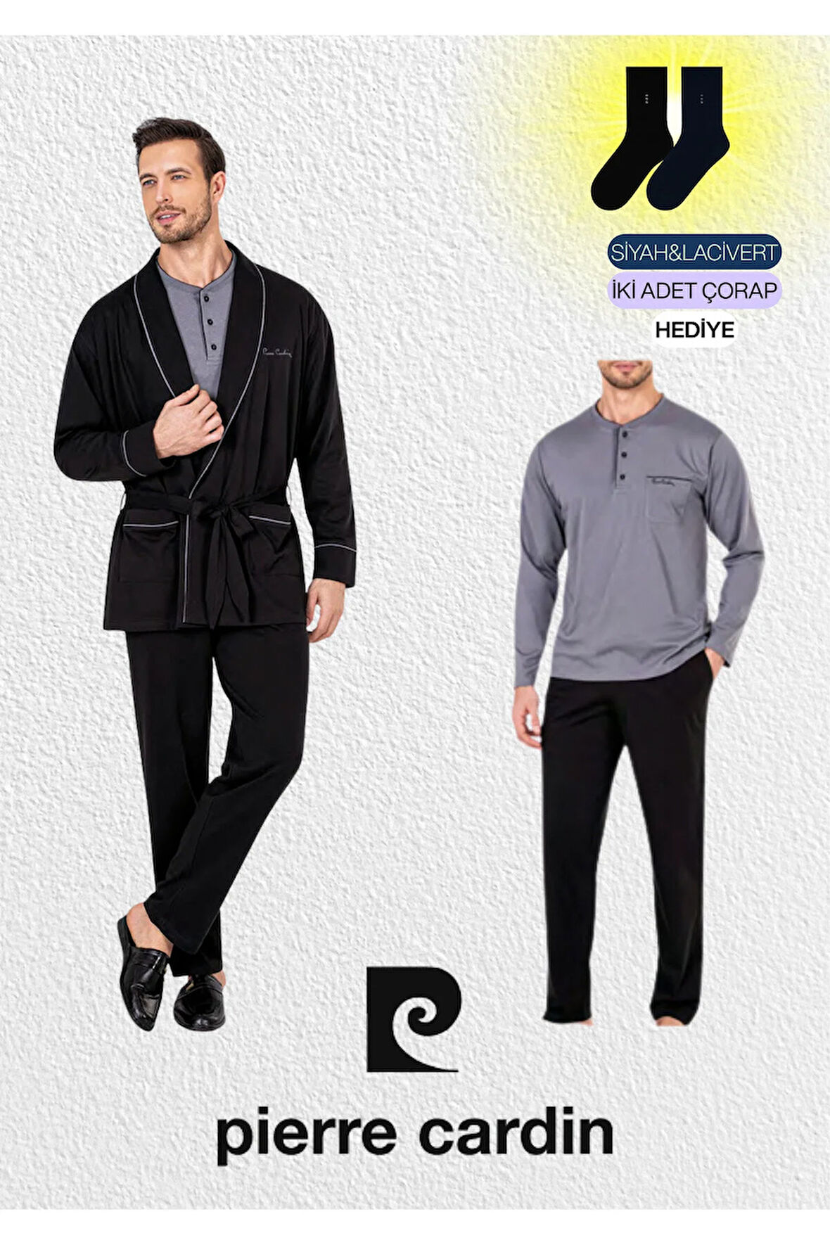 Erkek Bordo Penye 3'lü Robdöşambır & Uzun Kollu Pijama Takımı (2 Adet Çorap Hediyeli)