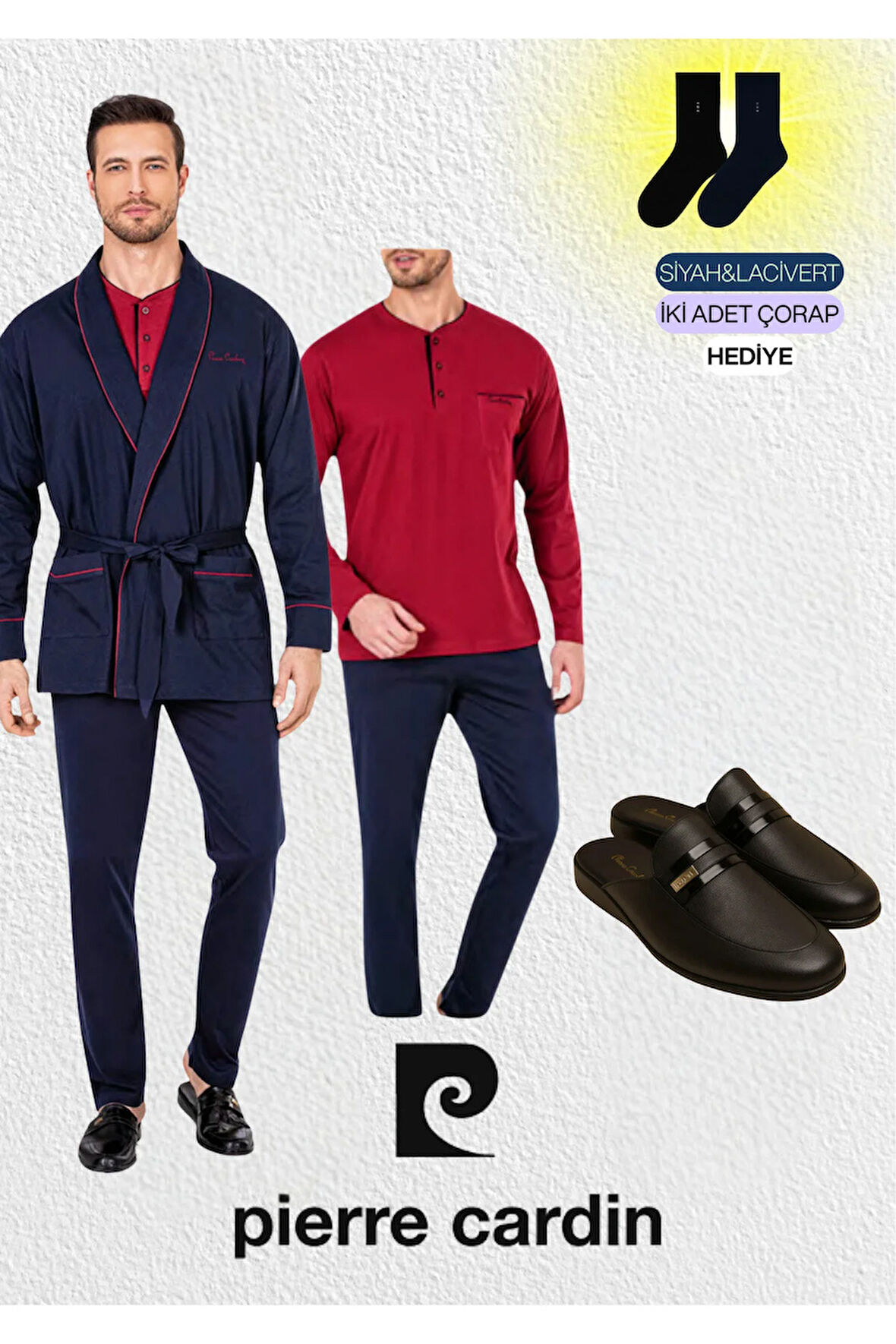 Erkek Siyah Penye 3'lü Robdöşambır & Uzun Kollu Pijama Takımı & Deri Terlik (Çorap Hediyeli)