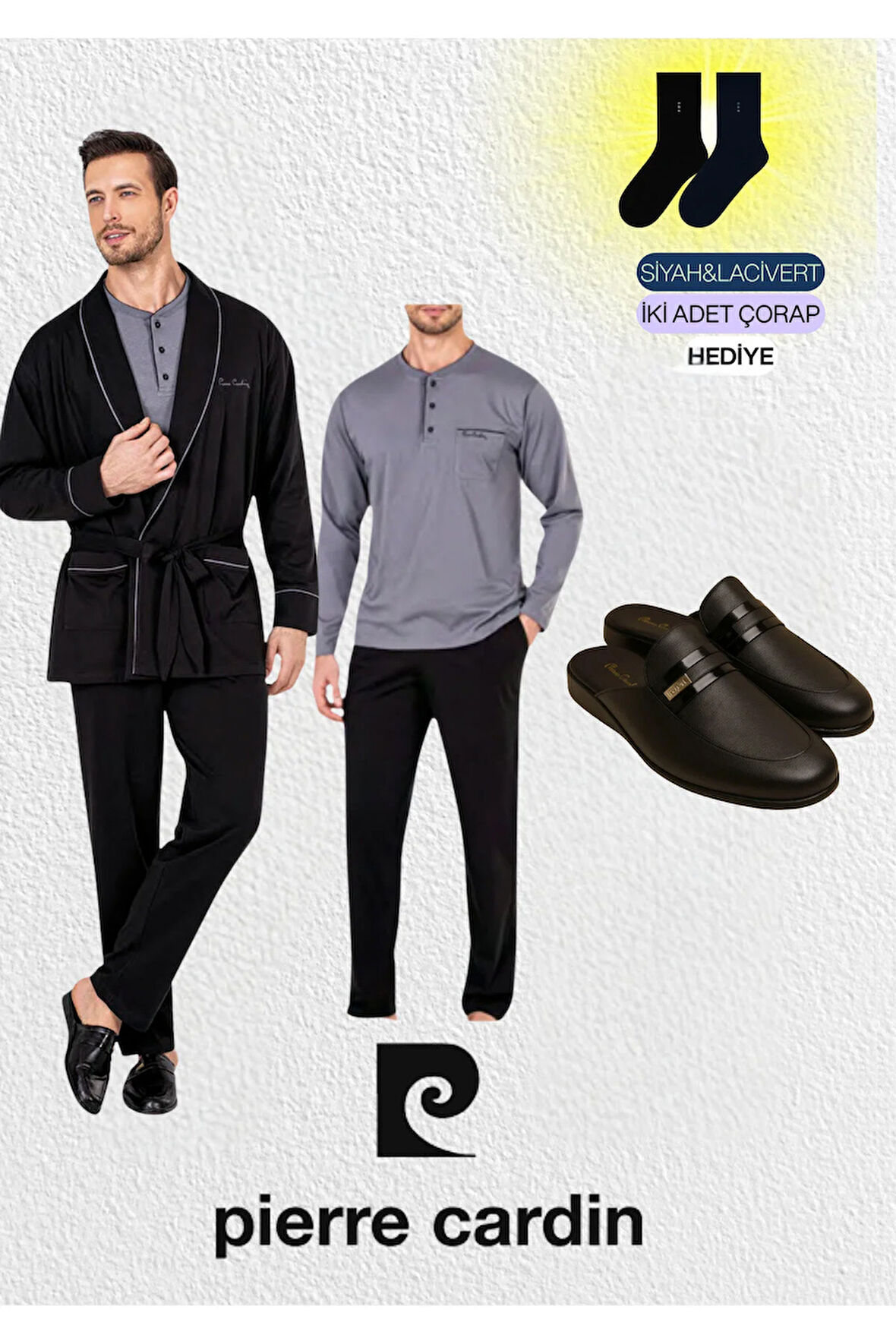 Erkek Siyah Penye 3'lü Robdöşambır & Uzun Kollu Pijama Takımı & Deri Terlik (Çorap Hediyeli)