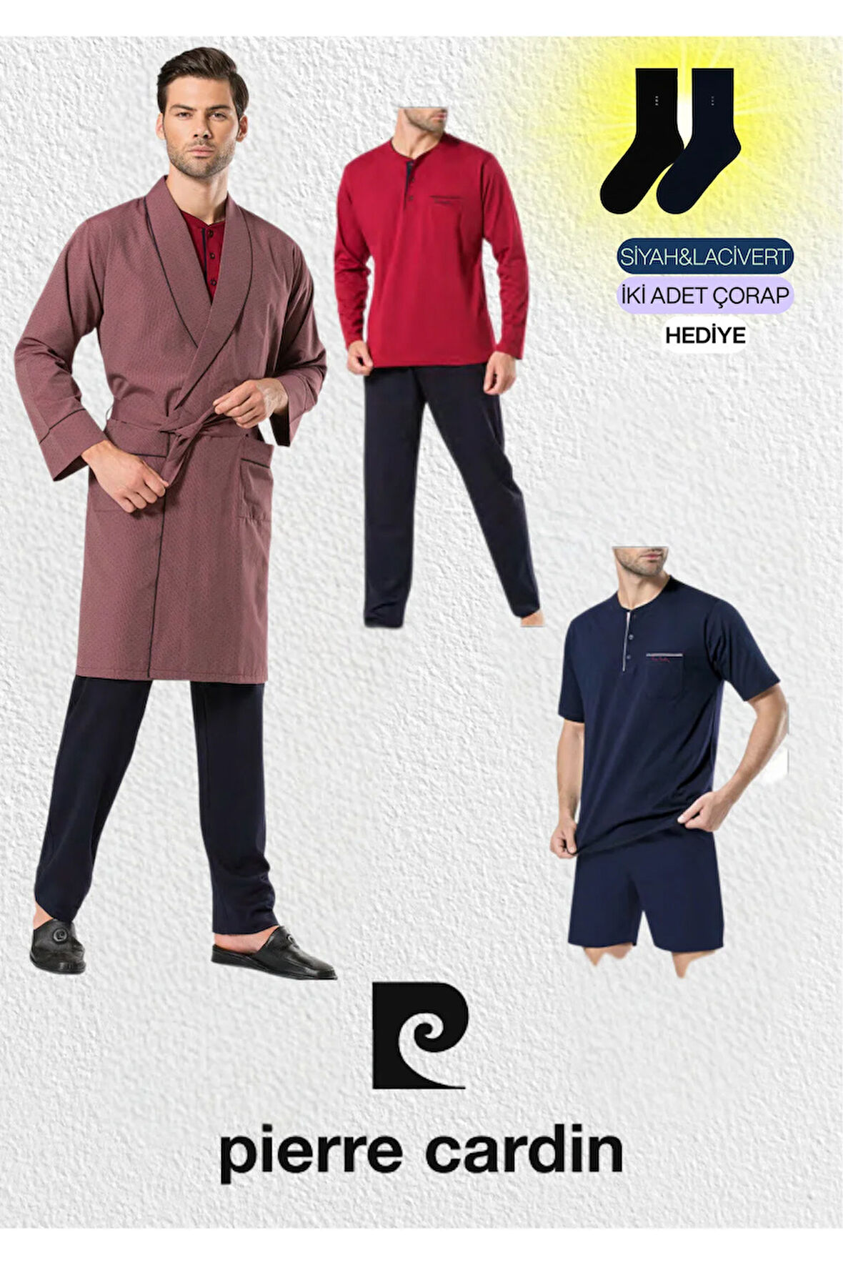 Erkek 5 Parça Robdöşambr & Uzun Kollu - Kısa Kollu Pijama Takımı (2 Adet Çorap Hediyeli)