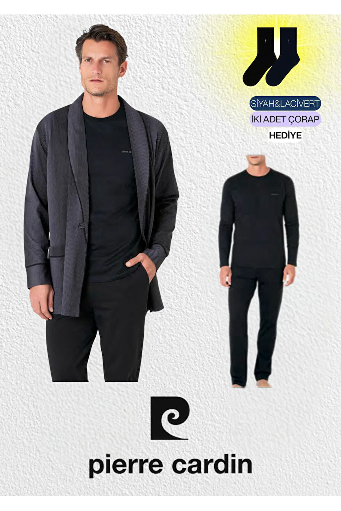 Erkek 3'lü Penye Robdöşambır & Uzun Kollu Pijama Takımı Set (2 Adet Çorap Hediyeli) L1.PC.5635.02