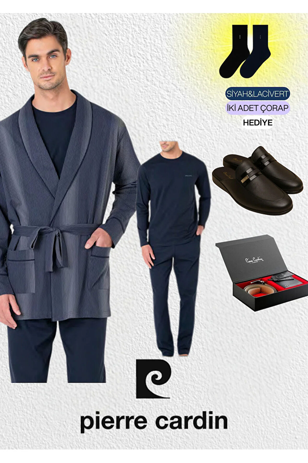 Erkek 3'lü Penye Robdöşambır - Uzun Kollu Pijama Takımı & Deri Terlik & Hakiki Deri Kemer Cüzdan Set