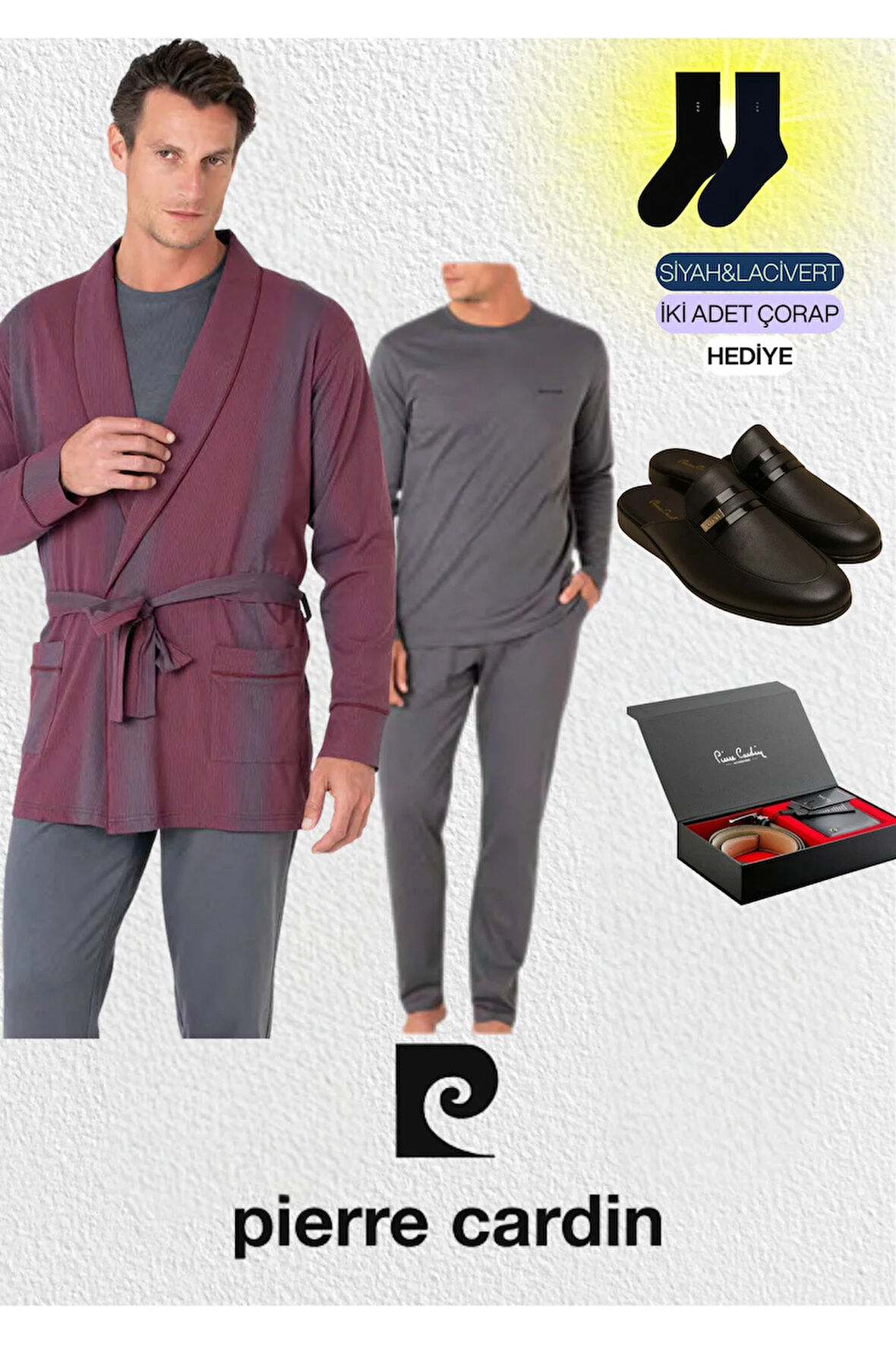 Erkek 3'lü Penye Robdöşambır - Uzun Kollu Pijama Takımı & Deri Terlik & Hakiki Deri Kemer Cüzdan Set