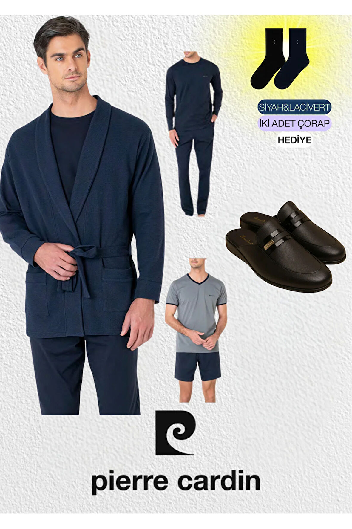 Erkek Giyim 5 Parça Kutulu %100 Pamuk Robdöşambır - Pijama Takımı Set & Deri Terlik