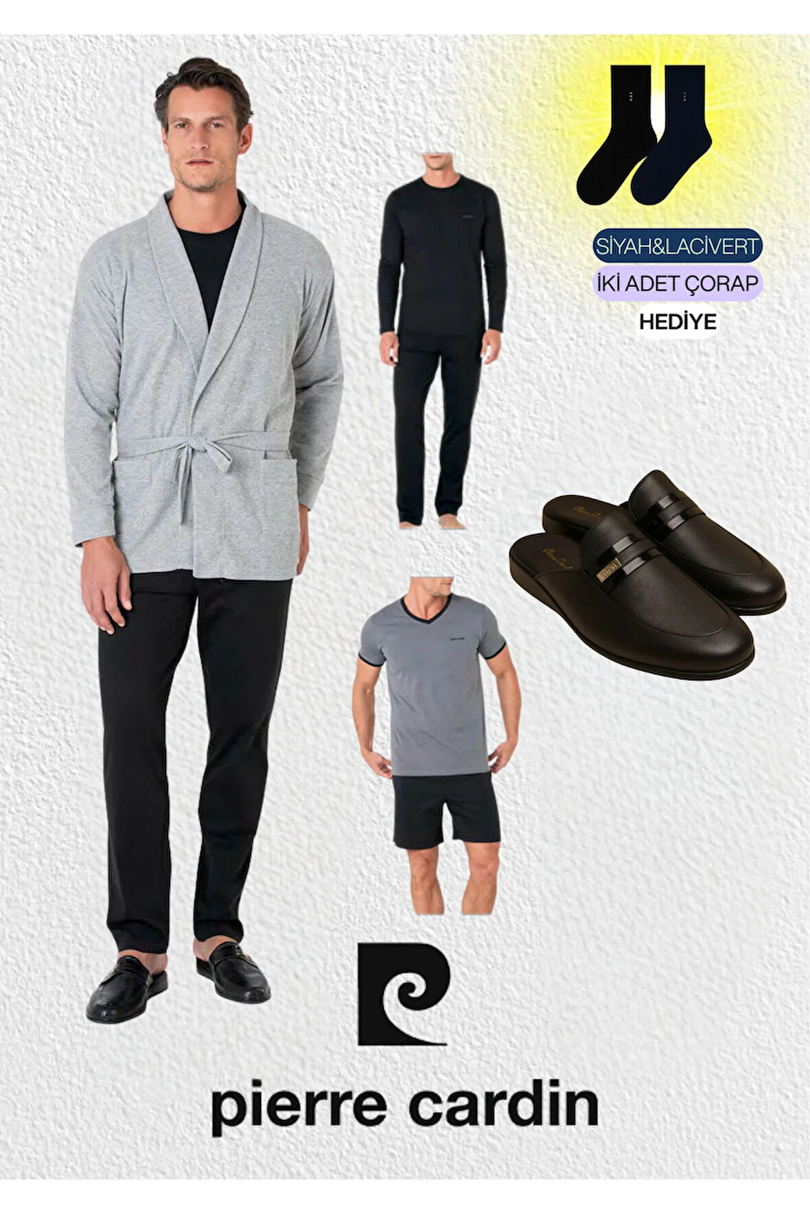 Erkek Giyim 5 Parça Kutulu %100 Pamuk Robdöşambır - Pijama Takımı Set & Deri Terlik