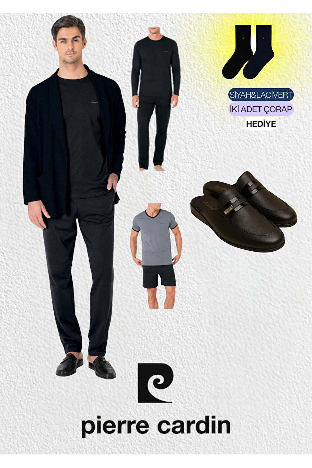 Erkek Giyim 5 Parça Kutulu %100 Pamuk Robdöşambır - Pijama Takımı Set & Deri Terlik