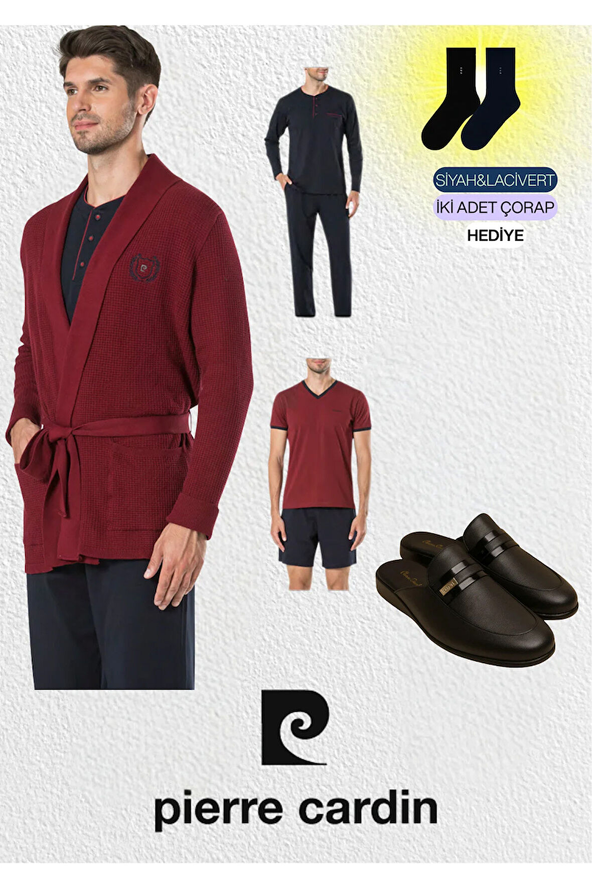 Erkek 5 Parça Triko Robdöşambr & Yazlık - Kışlık Pijama Takımı & Deri Terlik (2 Adet Çorap Hediyeli)