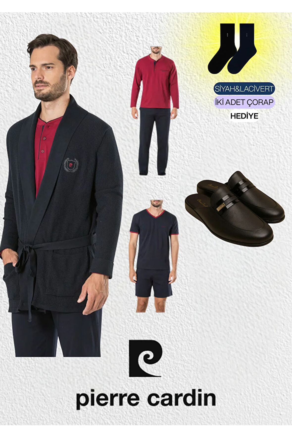 Erkek 5 Parça Triko Robdöşambr & Yazlık - Kışlık Pijama Takımı & Deri Terlik (2 Adet Çorap Hediyeli)