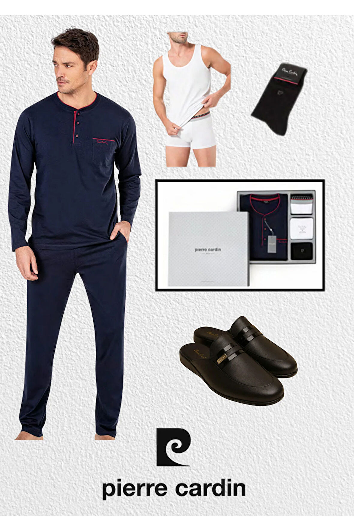 Erkek Giyim Kutulu Çeyizlik Hediyelik Penye Pijama Takımı & Atlet - Boxer & Çorap & Deri Terlik Set