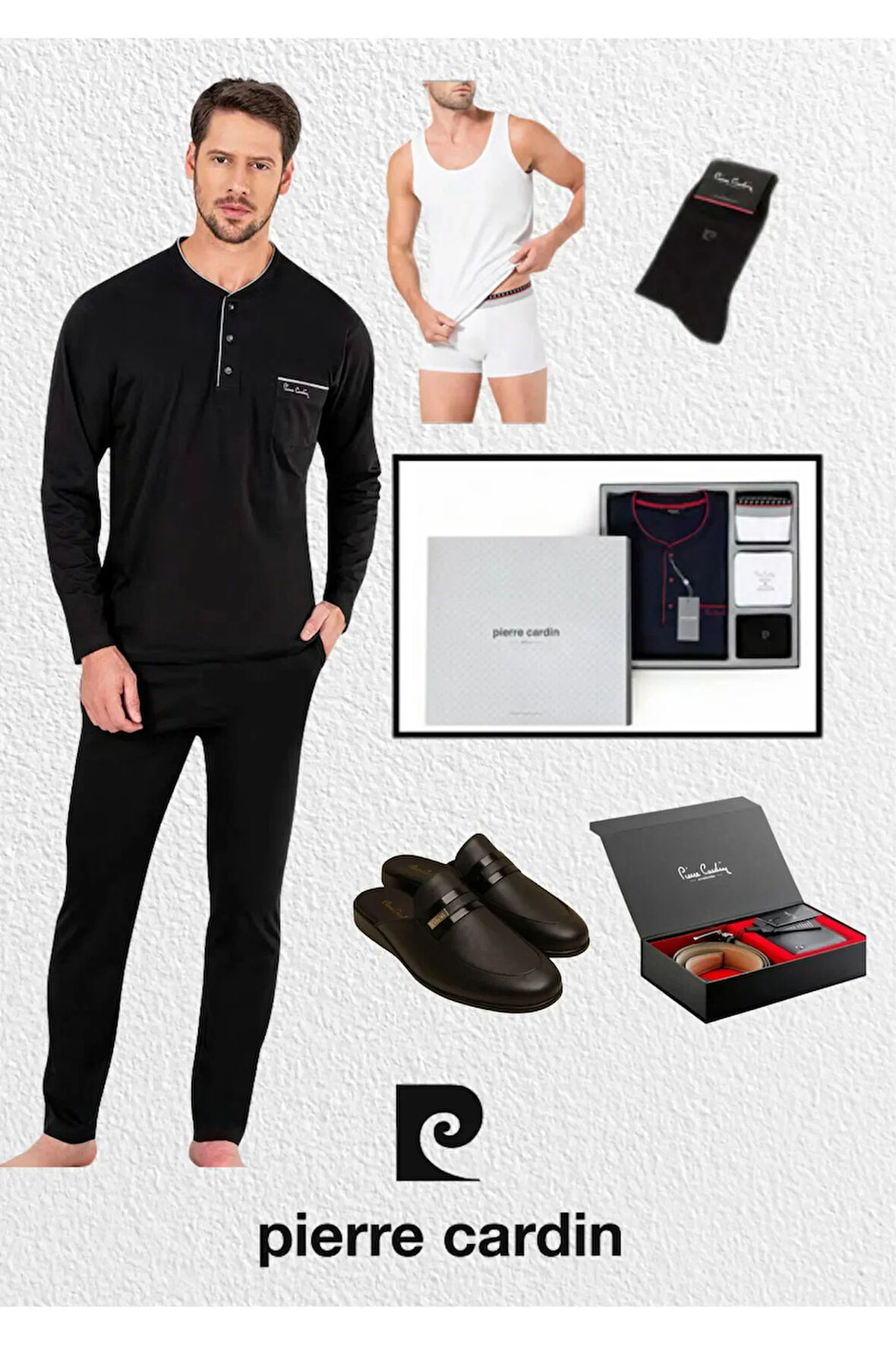 Kutulu Çeyizlik Penye Pijama Takımı & Atlet - Boxer & Çorap & Deri Terlik Set & Kemer Cüzdan Seti