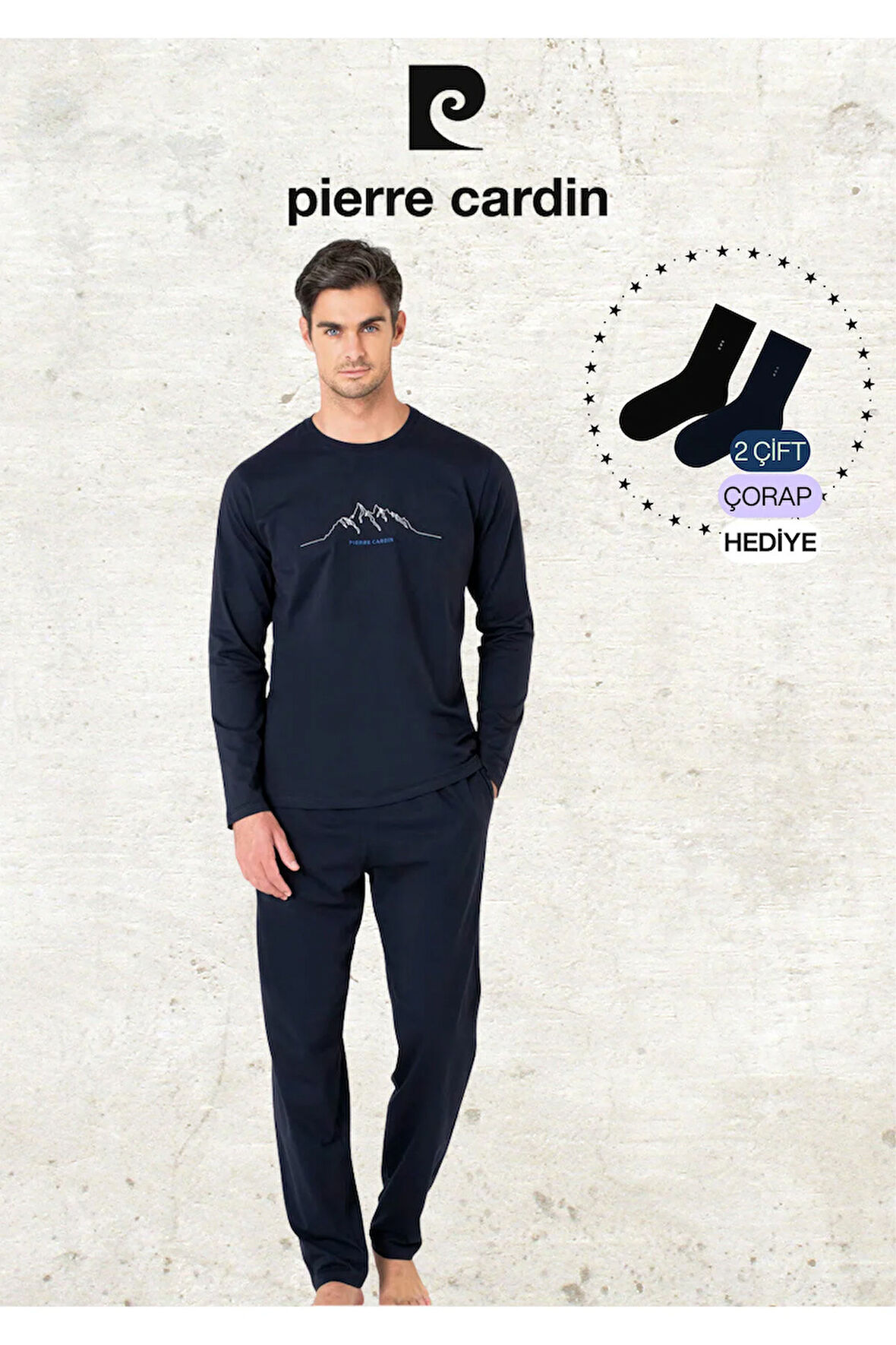 Erkek Giyim %100 Pamuk Uzun Kollu Saks Mavi Pijama Takımı (2 Adet Hediye Çorap) L1.PC.6101.001