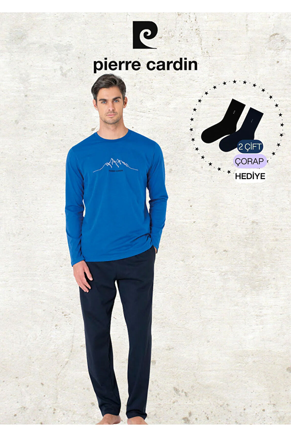 Erkek Giyim %100 Pamuk Uzun Kollu Saks Mavi Pijama Takımı (2 Adet Hediye Çorap) L1.PC.6101.001