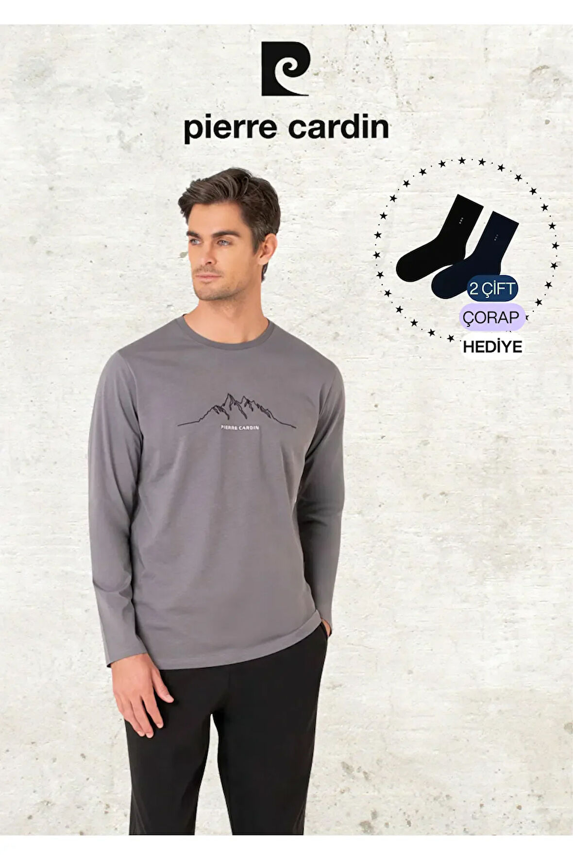 Erkek Giyim %100 Pamuk Uzun Kollu Saks Mavi Pijama Takımı (2 Adet Hediye Çorap) L1.PC.6101.001