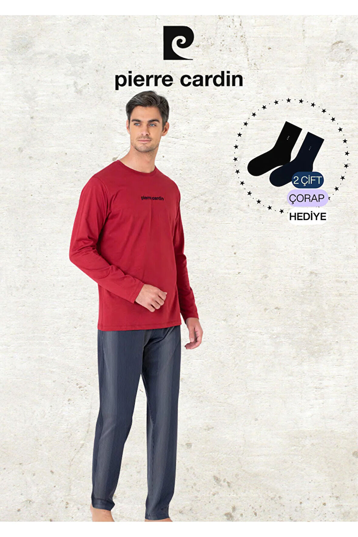 Erkek %100 Pamuk Uzun Kollu Lisanslı Bordo Pijama Takımı (2 Adet Hediye Çorap) L1.PC.6095.001