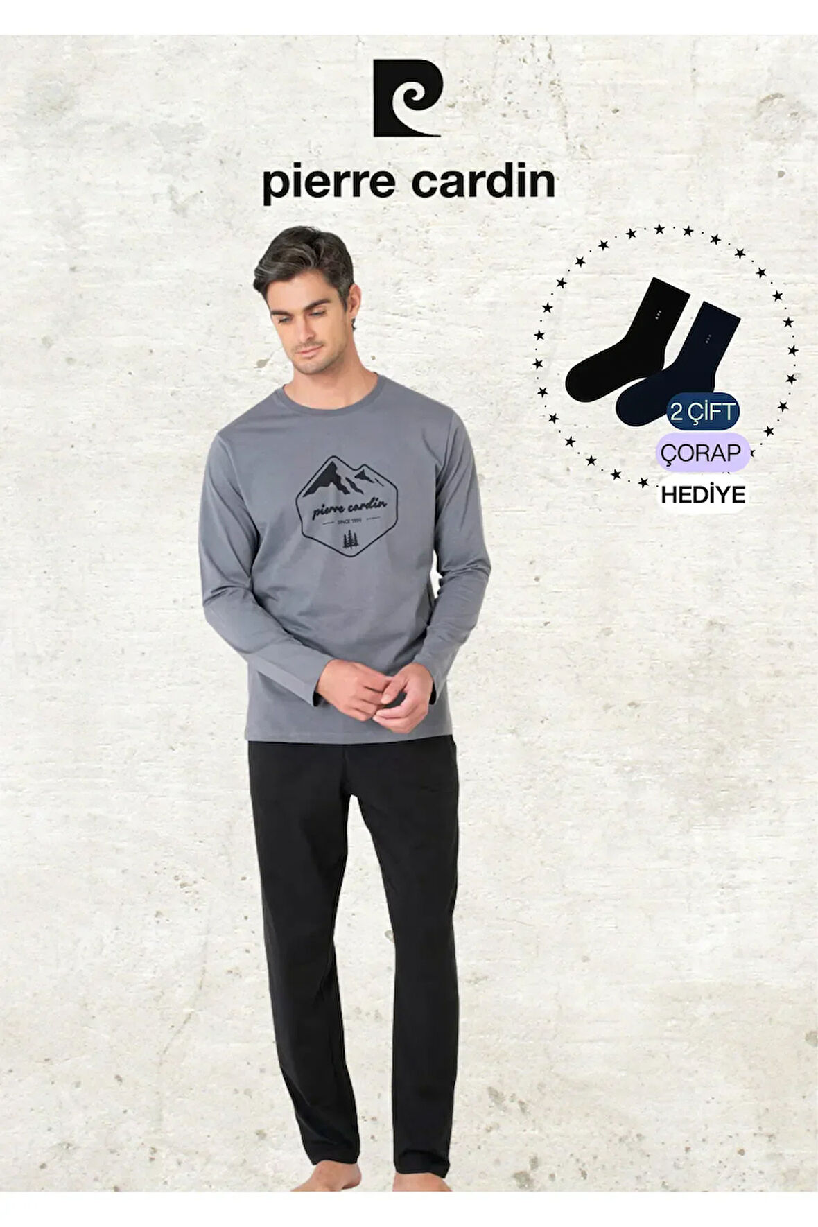 Erkek %100 Pamuk Uzun Kollu Desenli Siyah Pijama Takımı (2 Adet Hediye Çorap) L1.PC.6097.001