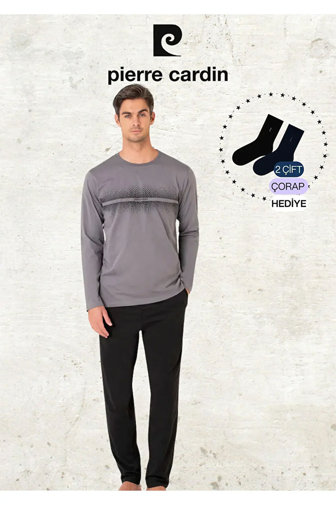 Erkek %100 Pamuk Uzun Kollu Desenli Bordo Pijama Takımı (2 Adet Hediye Çorap) L1.PC.6102.001