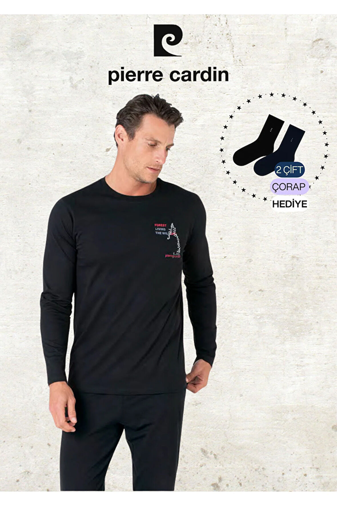 Erkek %100 Pamuk Uzun Kol Baskılı Siyah Pijama Takımı (2 Adet Hediye Çorap) L1.PC.6103.001