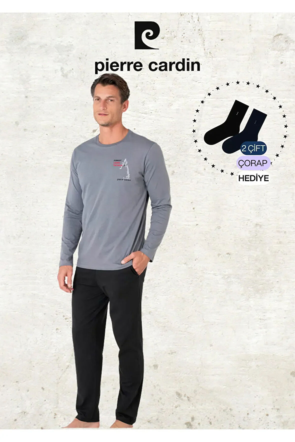 Erkek %100 Pamuk Uzun Kol Baskılı Siyah Pijama Takımı (2 Adet Hediye Çorap) L1.PC.6103.001