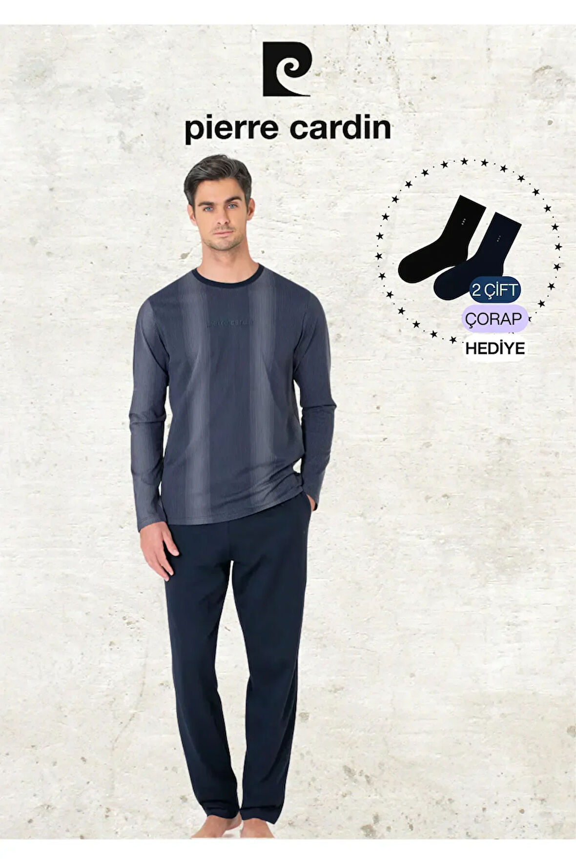 Erkek %100 Pamuk Uzun Kol Çizgi Detaylı Lacivert Pijama Takımı (2 Adet Hediye Çorap) L1.PC.6105.001