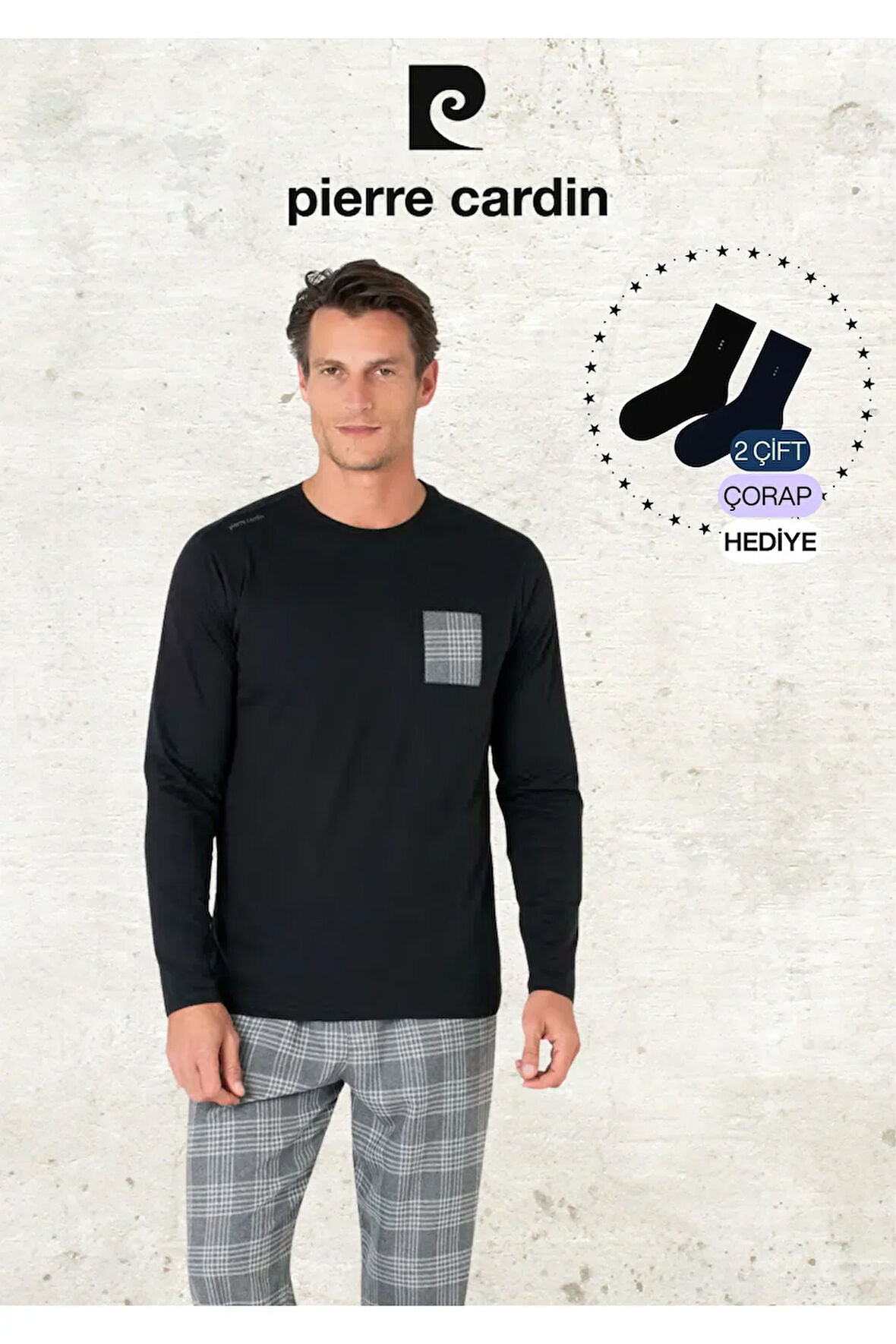 Erkek %100 Pamuk Ekose Detaylı 2 Parça Lacivert Pijama Takımı (2 Adet Hediye Çorap) L1.PC.6107.001